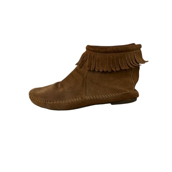 Minnetonka Moccasins Womens Brown Suede Fringe Boots Sz 6 Back Zip Hard Sole - Picture 5 of 9